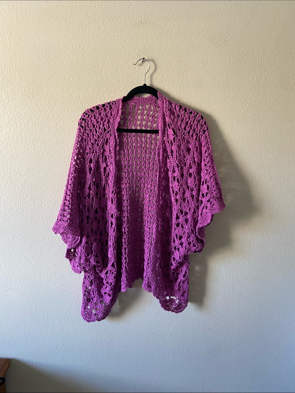 Open Crochet Knit Cardigan Shrug - Magenta